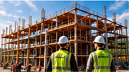 Two contractors in hard hats and safety vests at a building frame