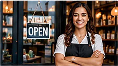 Smiling shop owner in front of an Open sign