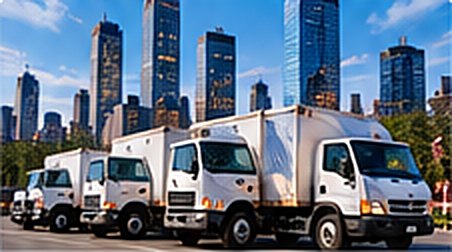 Fleet of box trucks with the Manhattan skyline behind