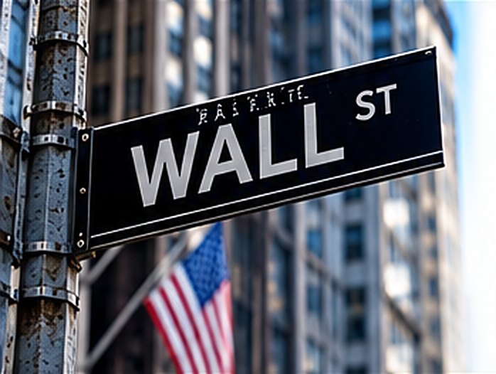 Wall St street sign with an American flag in the Financial District